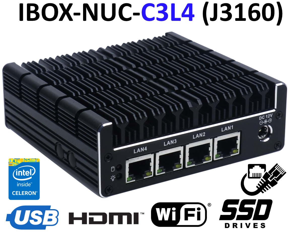 IBOX-NUC-C3L4 (J3160) - Fanless mini PC (4x LAN + 2x HDMI) with reinforced housing